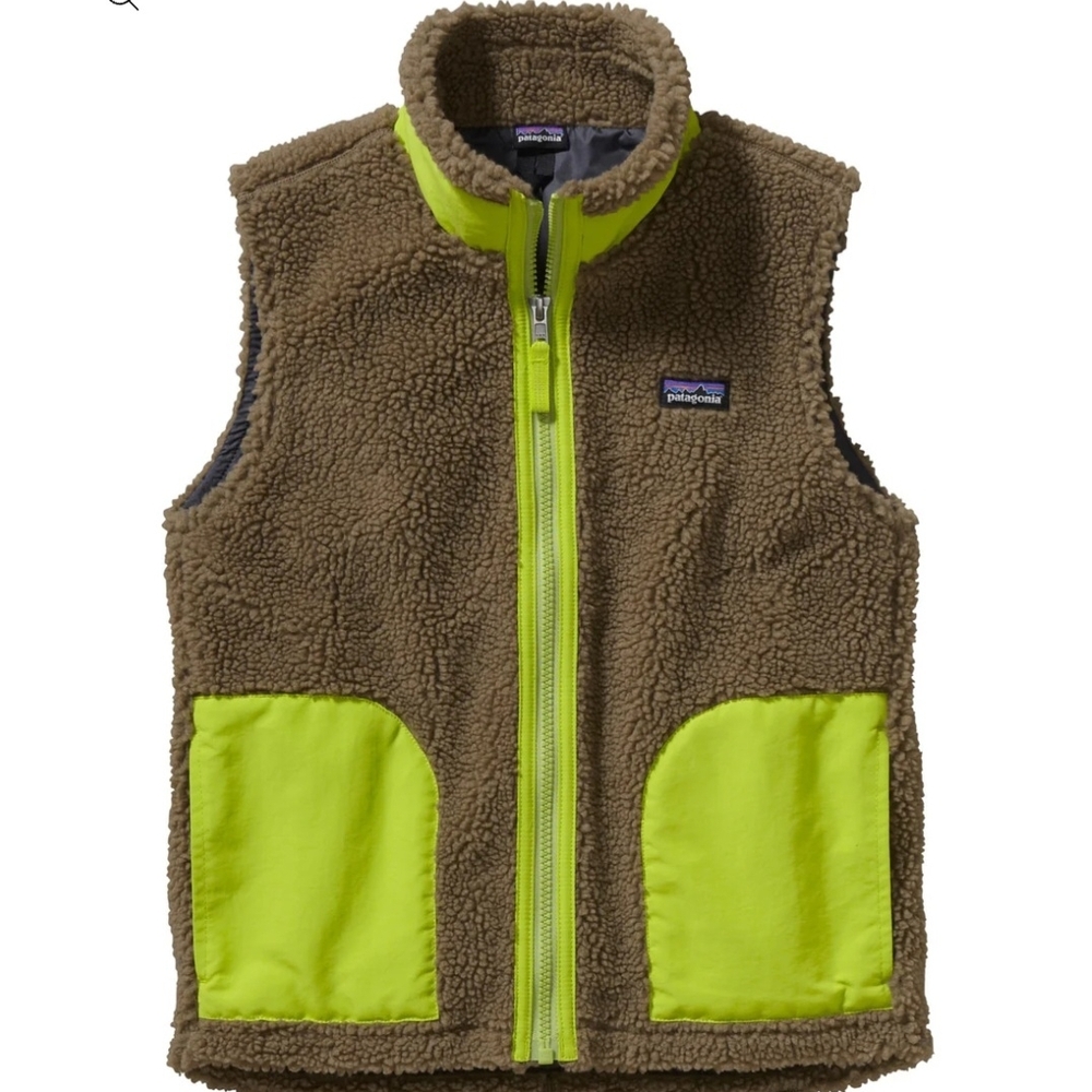 Patagonia Kids' Fleece Vest in Brown and Neon Green
